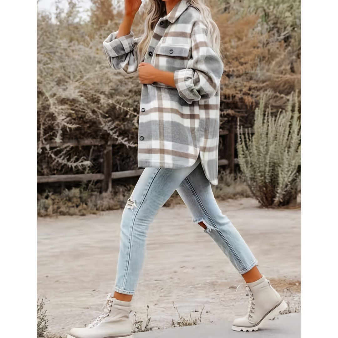 Damen Warme Knopf Daunen Kariert Hemd Jacke Winter