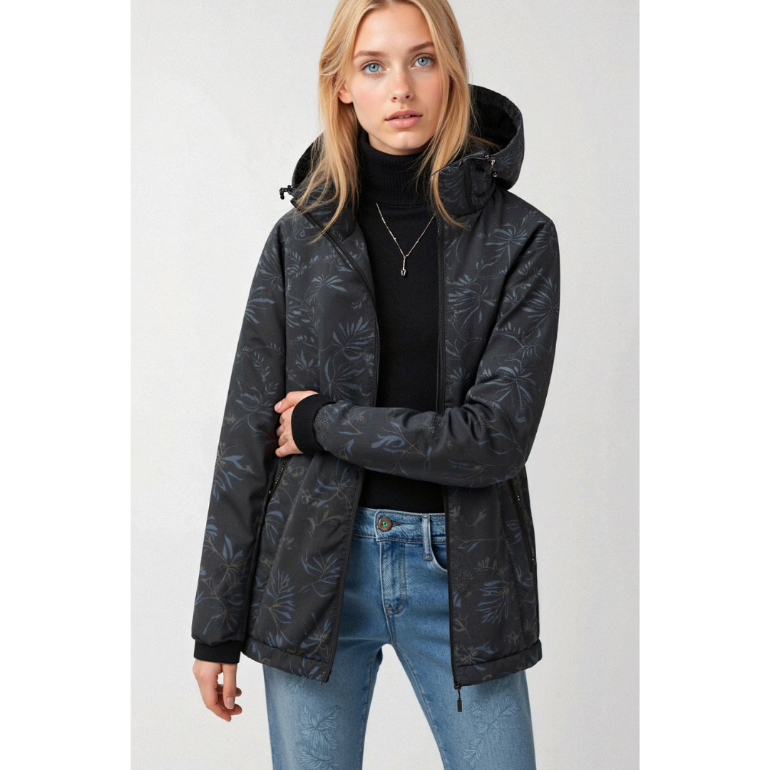 Damen Gedruckt Reißverschluss Winter Jacke Kapuze