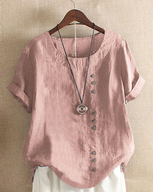 Unifarbenes Kurzarm-Bluse mit Rundhalsausschnitt