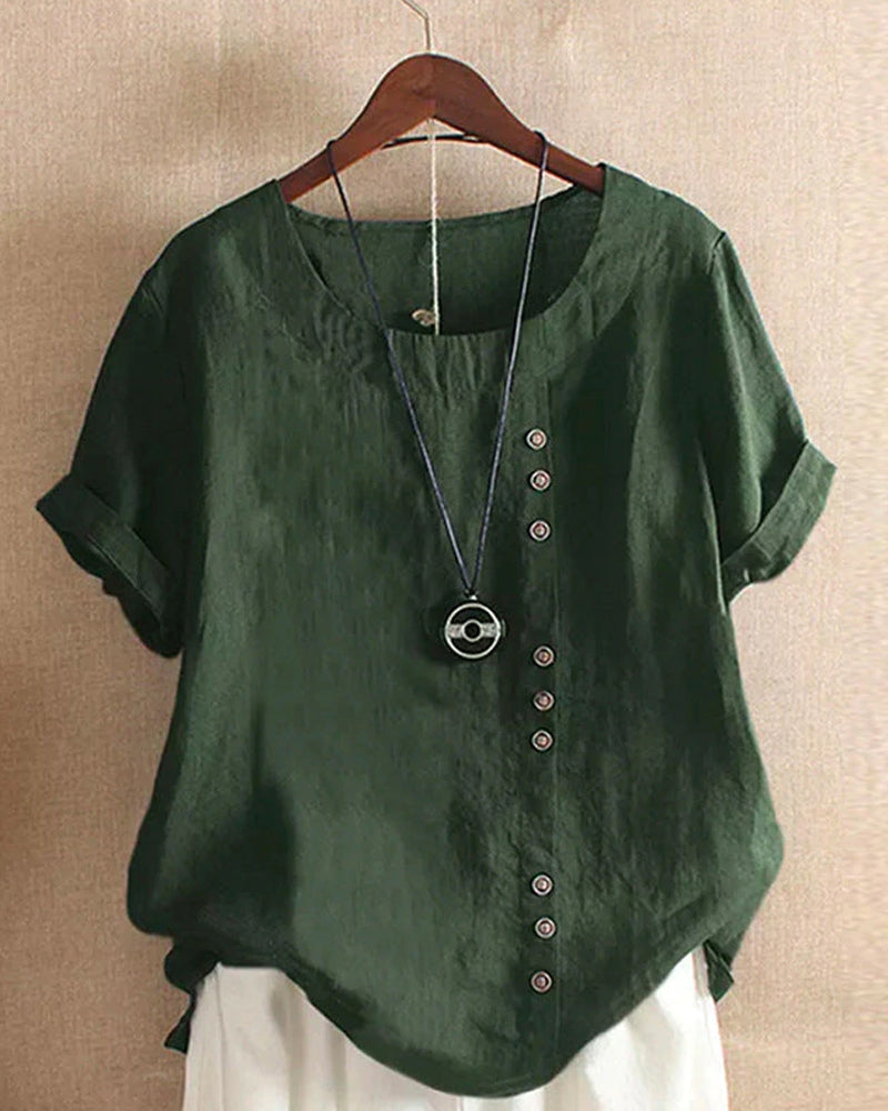 Unifarbenes Kurzarm-Bluse mit Rundhalsausschnitt