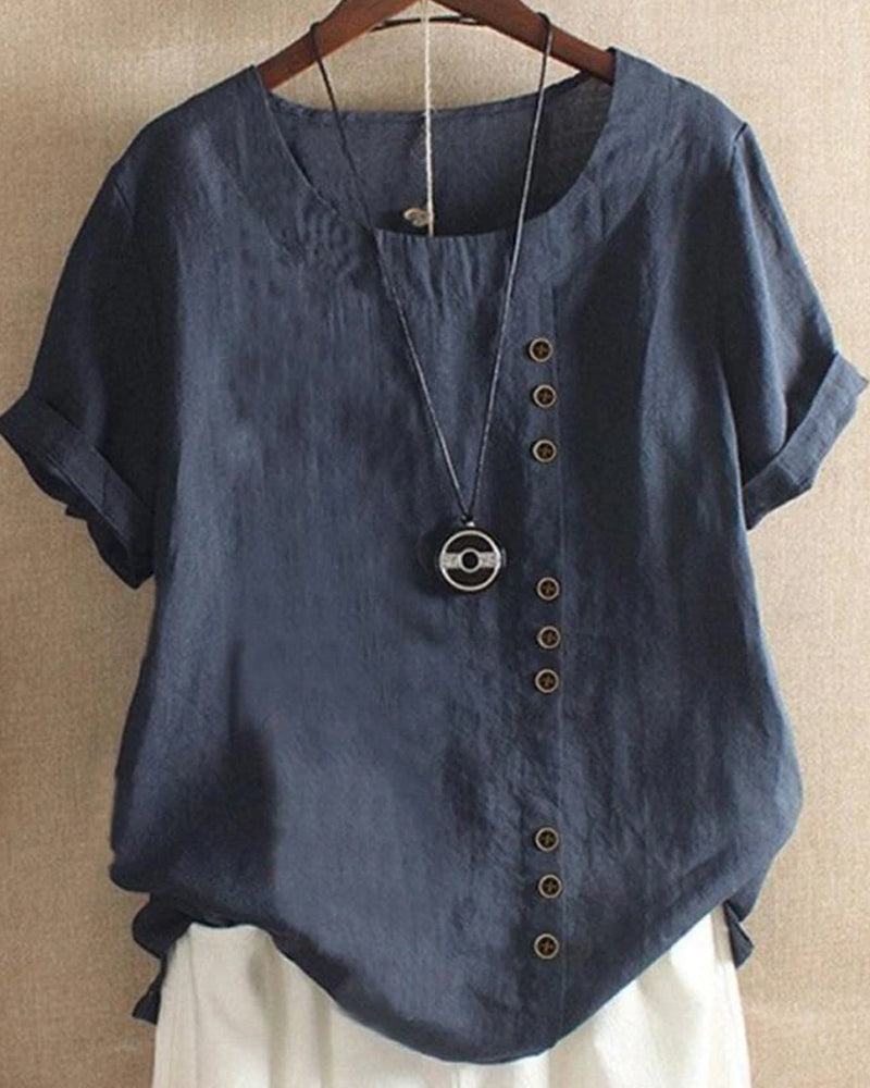 Unifarbenes Kurzarm-Bluse mit Rundhalsausschnitt