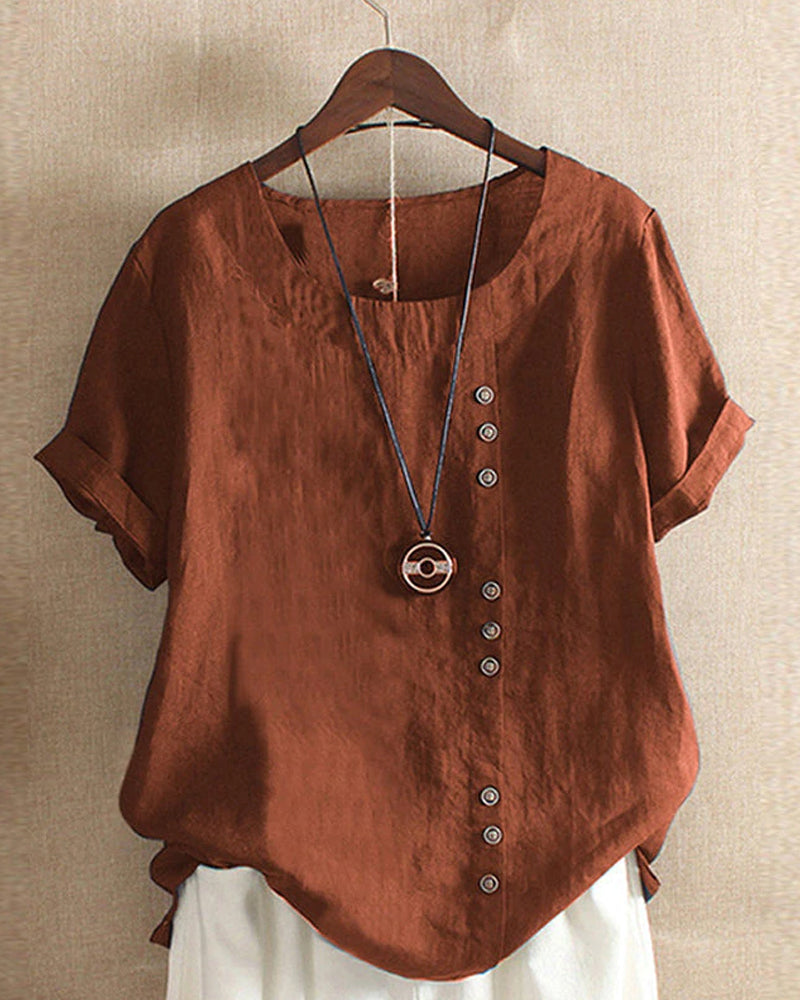 Unifarbenes Kurzarm-Bluse mit Rundhalsausschnitt