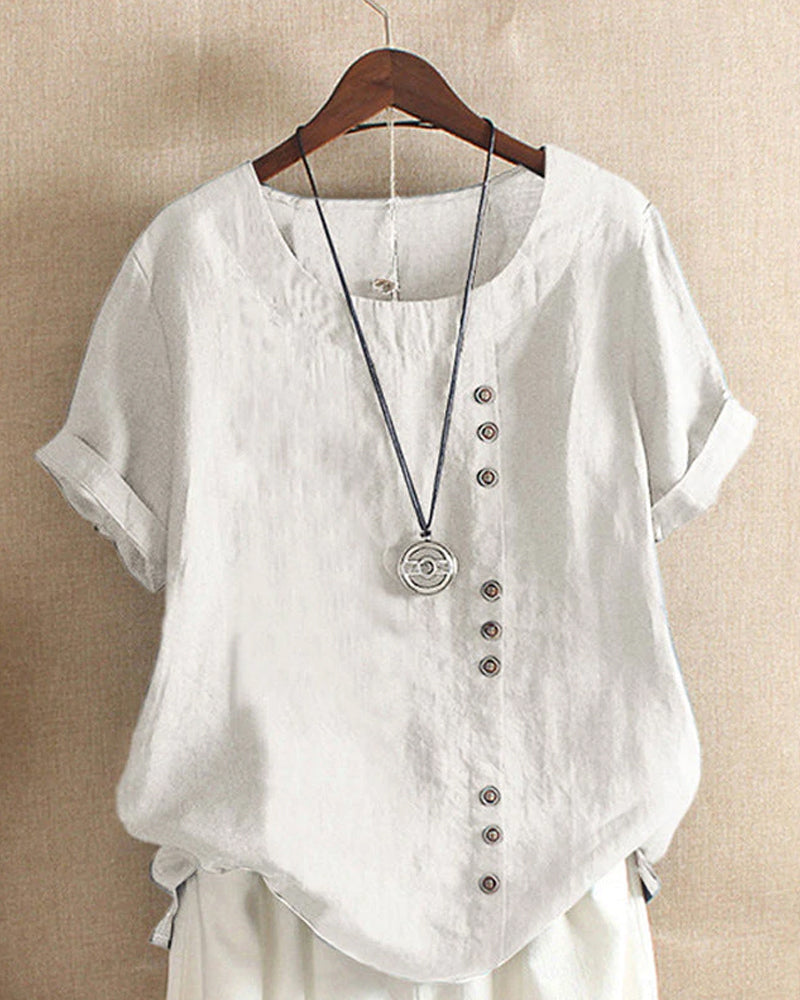Unifarbenes Kurzarm-Bluse mit Rundhalsausschnitt