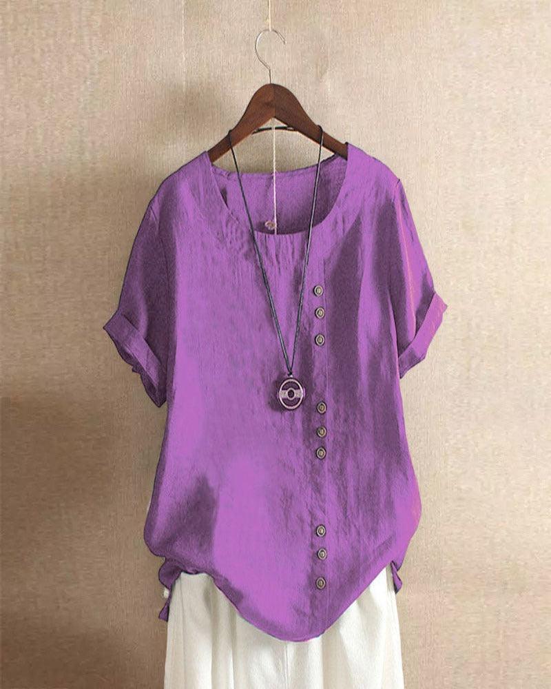 Unifarbenes Kurzarm-Bluse mit Rundhalsausschnitt