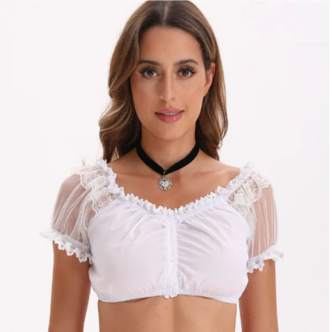 Damen Elegante V Ausschnitt Dirndl Oktoberfest Bluse Kurze Ärmel