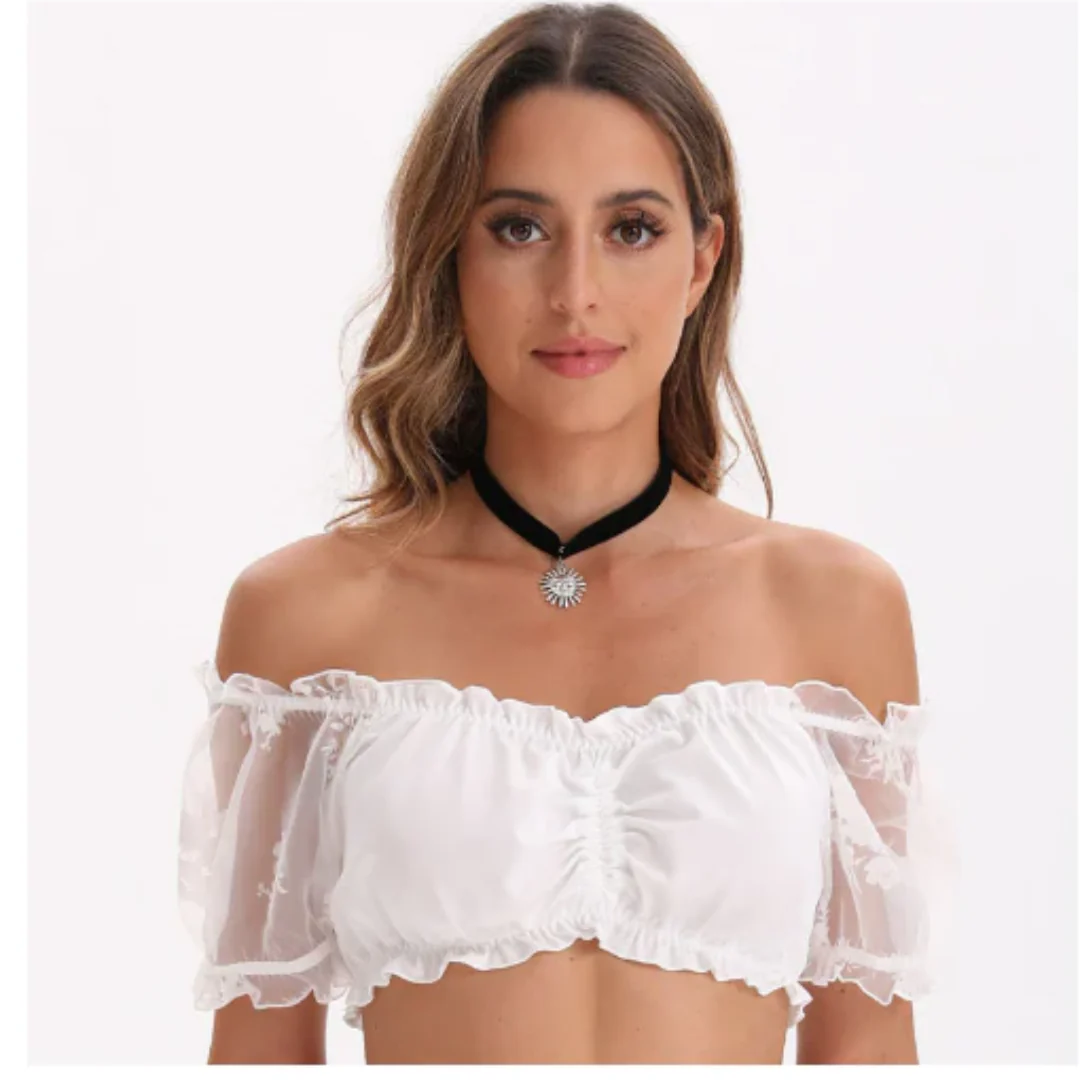 Damen Elegante V Ausschnitt Dirndl Oktoberfest Bluse Kurze Ärmel