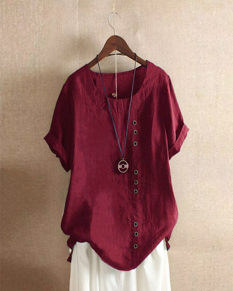 Unifarbenes Kurzarm-Bluse mit Rundhalsausschnitt