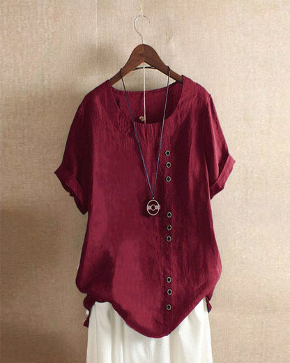 Unifarbenes Kurzarm-Bluse mit Rundhalsausschnitt