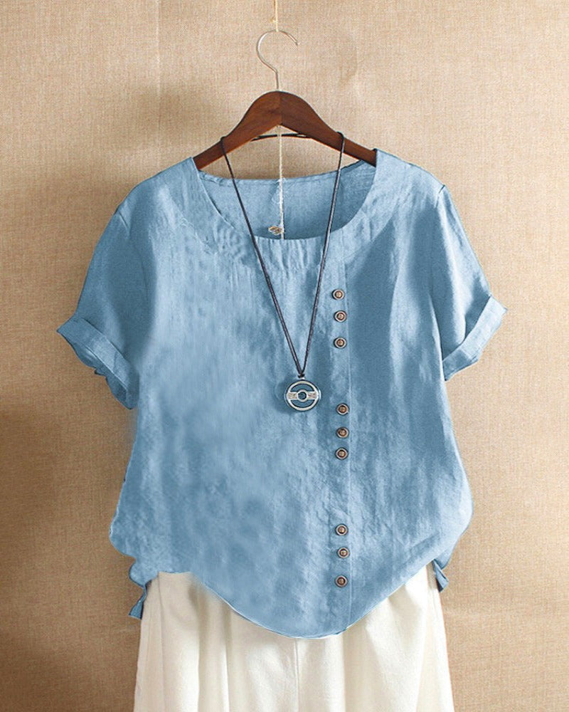 Unifarbenes Kurzarm-Bluse mit Rundhalsausschnitt