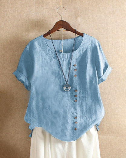 Unifarbenes Kurzarm-Bluse mit Rundhalsausschnitt