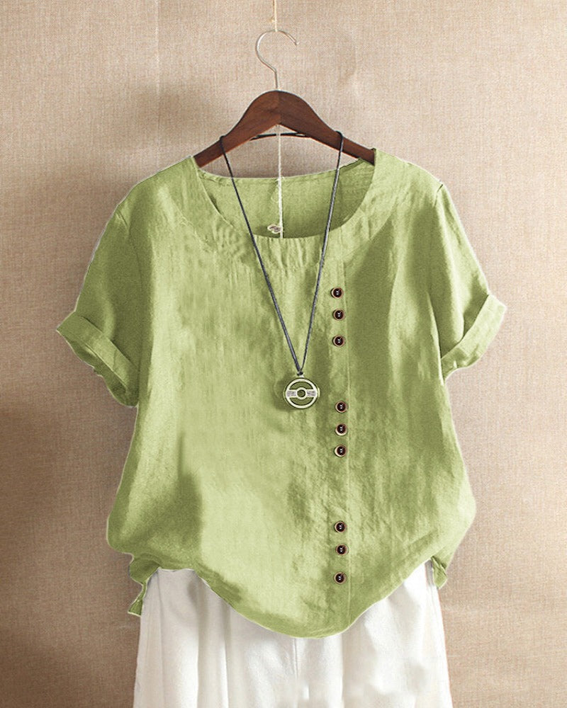 Unifarbenes Kurzarm-Bluse mit Rundhalsausschnitt